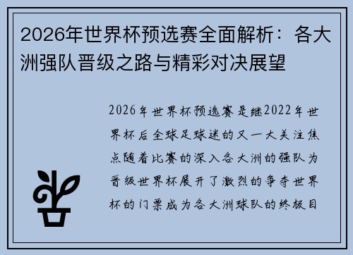 2026年世界杯预选赛全面解析：各大洲强队晋级之路与精彩对决展望